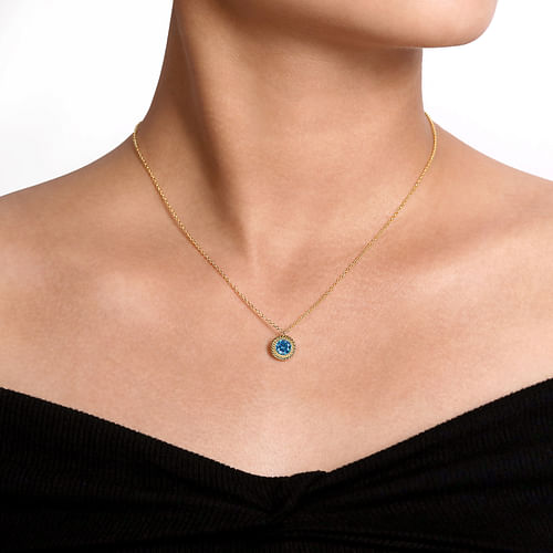 14K Yellow Gold Round Blue Topaz and Twisted Rope Pendant Necklace - Shot 3