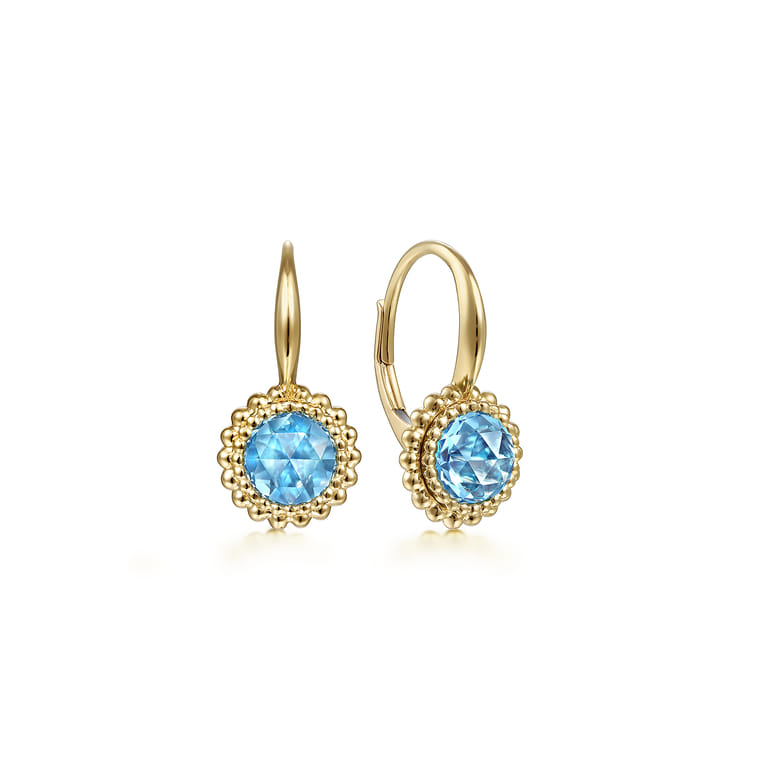 14K Yellow Gold Round Blue Topaz with Beaded Frame Leverback Earrings - Shot 1