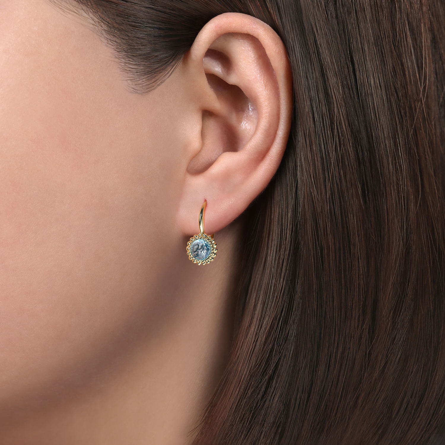 14K Yellow Gold Round Blue Topaz with Beaded Frame Leverback Earrings - Shot 2