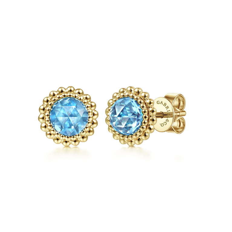 14K Yellow Gold Round Blue Topaz with Beaded Frame Stud Earrings - Shot 1