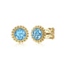 14K Yellow Gold Round Blue Topaz with Beaded Frame Stud Earrings