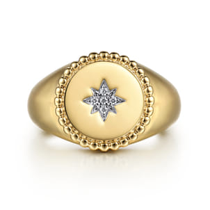 14K Yellow Gold Round Bujukan Signet Ring with Diamond Starburst
