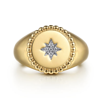14K Yellow Gold Round Bujukan Signet Ring with Diamond Starburst