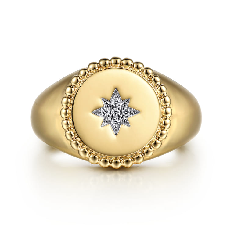14K Yellow Gold Round Bujukan Signet Ring with Diamond Starburst - 0.03 ct - Shot 1