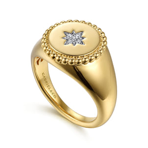 14K Yellow Gold Round Bujukan Signet Ring with Diamond Starburst