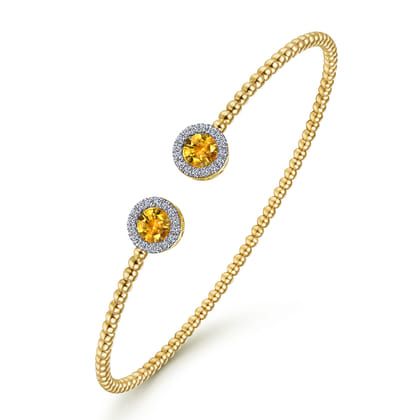 14K Yellow Gold Round Citrine and Diamond Halo Bujukan Bangle