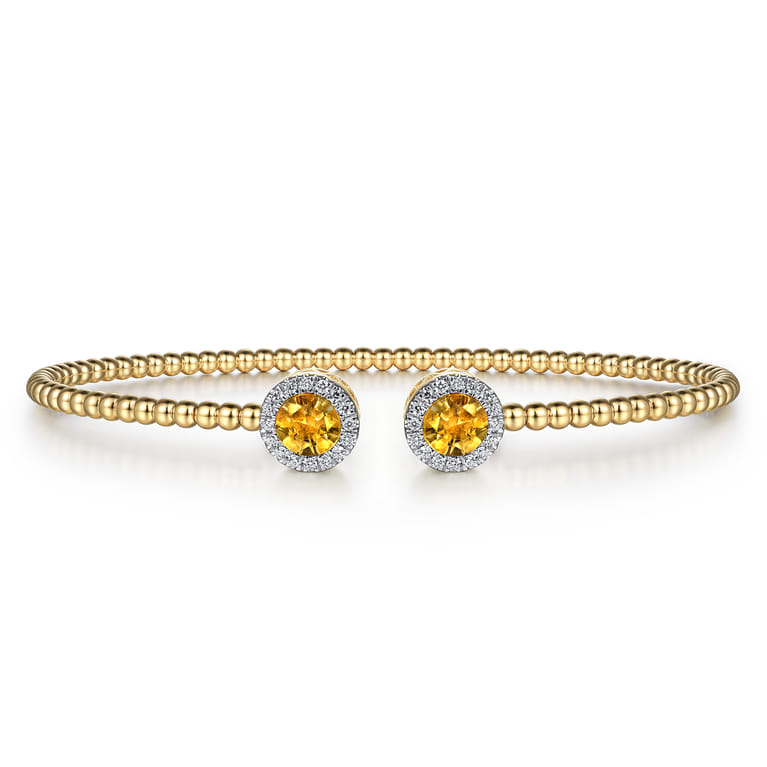 14K Yellow Gold Round Citrine and Diamond Halo Bujukan Bangle - 0.16 ct - Shot 1