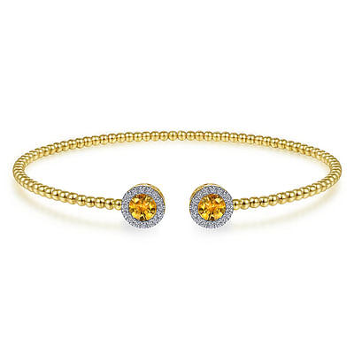 14K Yellow Gold Round Citrine and Diamond Halo Bujukan Bangle