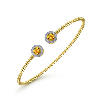 14K Yellow Gold Round Citrine and Diamond Halo Bujukan Bangle