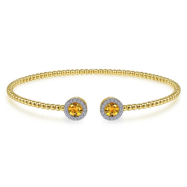 14K Yellow Gold Round Citrine and Diamond Halo Bujukan Bangle - 0.16 ct - Shot 1