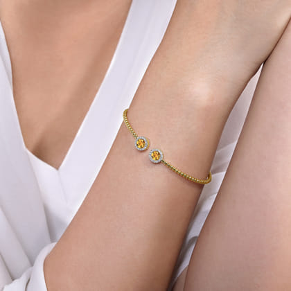 14K Yellow Gold Round Citrine and Diamond Halo Bujukan Bangle