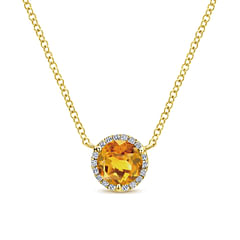14K Yellow Gold Round Citrine and Diamond Halo Pendant Necklace