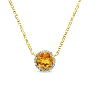14K Yellow Gold Round Citrine and Diamond Halo Pendant Necklace