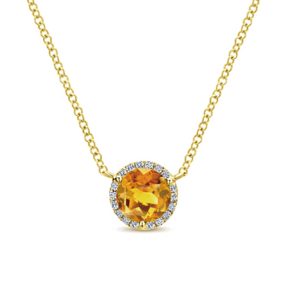 14K Yellow Gold Round Citrine and Diamond Halo Pendant Necklace