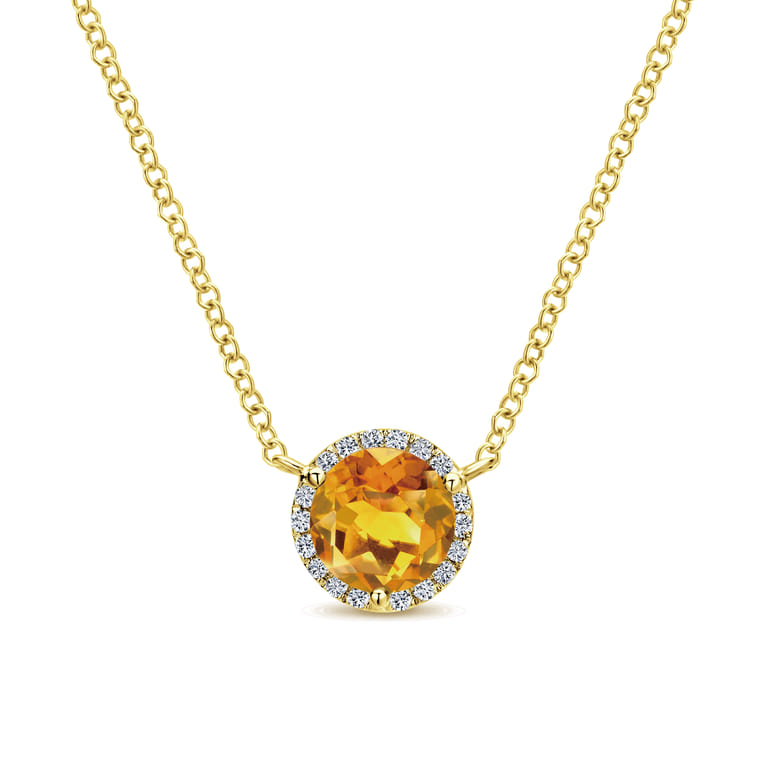 14K Yellow Gold Round Citrine and Diamond Halo Pendant Necklace - 0.07 ct - Shot 1