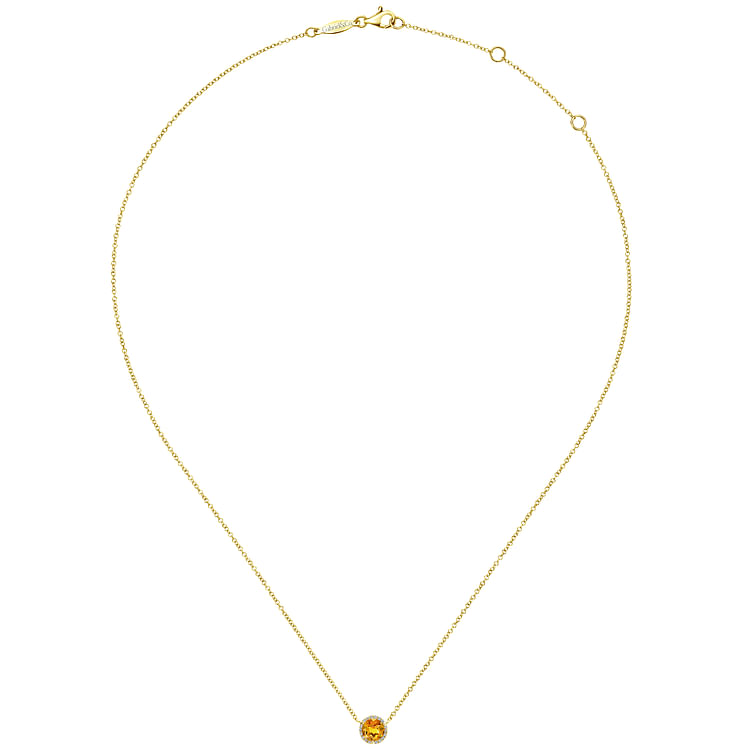 14K Yellow Gold Round Citrine and Diamond Halo Pendant Necklace