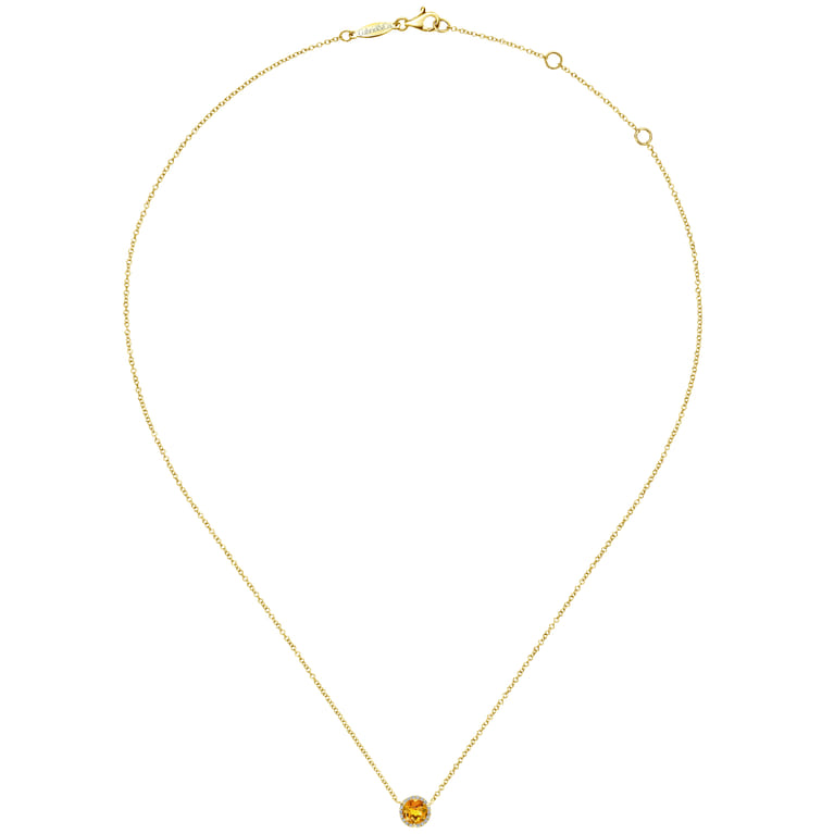 14K Yellow Gold Round Citrine and Diamond Halo Pendant Necklace - 0.07 ct - Shot 2