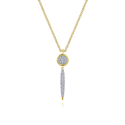 14K Yellow Gold Round Cluster Diamond and Spike Drop Pendant Necklace