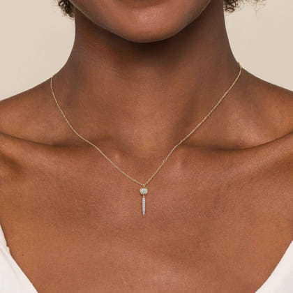 14K Yellow Gold Round Cluster Diamond and Spike Drop Pendant Necklace