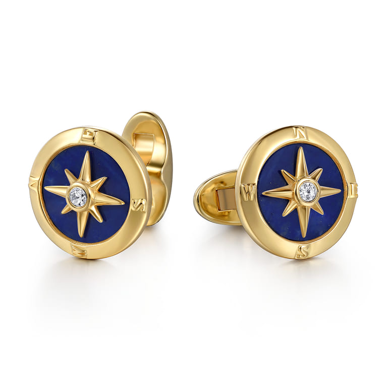14K Yellow Gold Round Compass Cufflinks with Diamond and Lapis - 0.09 ct - Shot 1