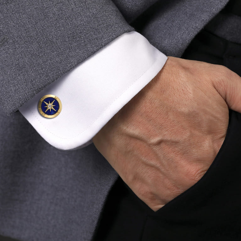 14K Yellow Gold Round Compass Cufflinks with Diamond and Lapis - 0.09 ct - Shot 2