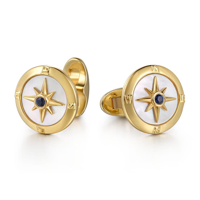 14K Yellow Gold Round Compass Cufflinks with Sapphire and White Mother of Pearl - Shot 1