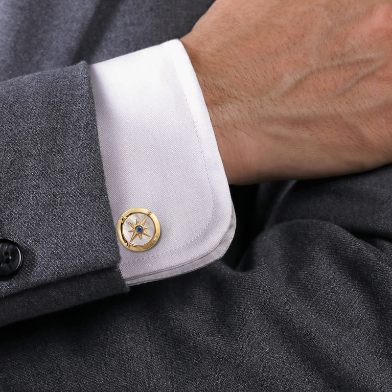 14K Yellow Gold Round Compass Cufflinks with Sapphire and White Mother of Pearl - Shot 2