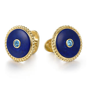 14K Yellow Gold Round Cufflinks with Swiss Blue Topaz and Lapis