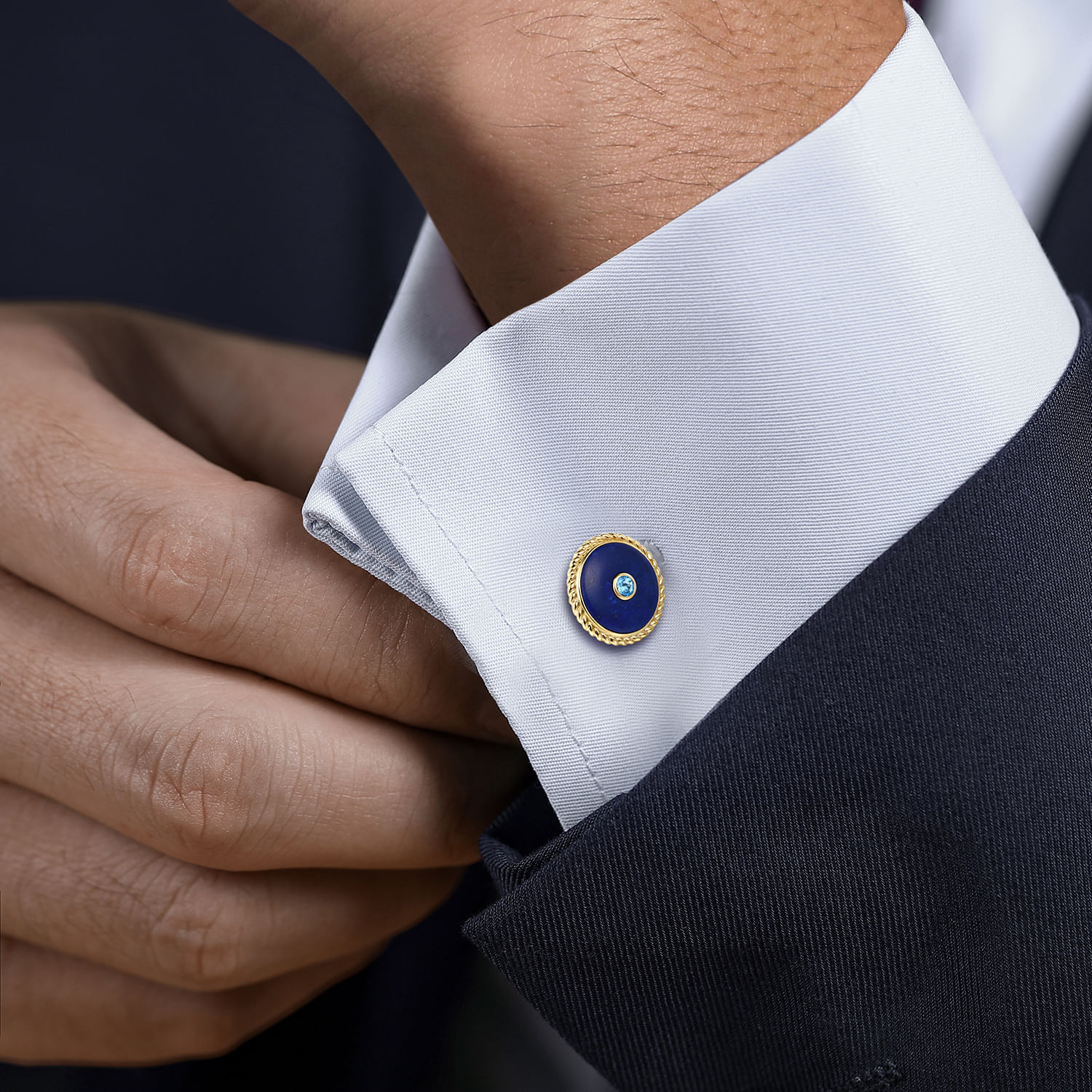 14K Yellow Gold Round Cufflinks with Swiss Blue Topaz and Lapis