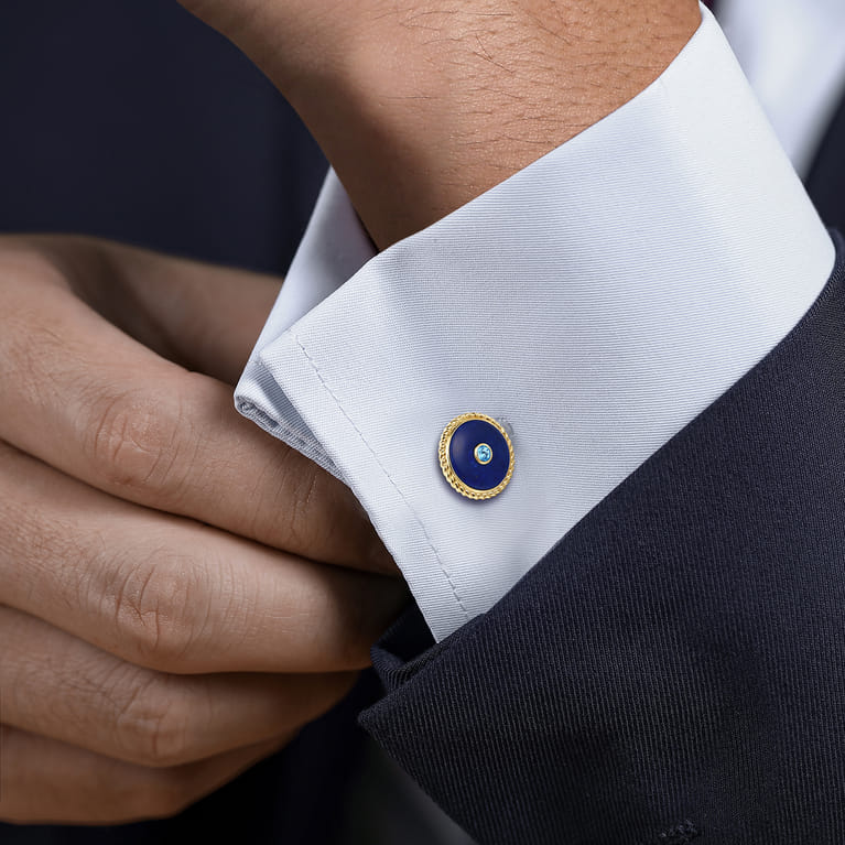 14K Yellow Gold Round Cufflinks with Swiss Blue Topaz and Lapis - Shot 2