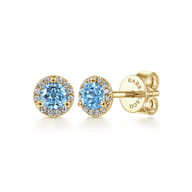 14K Yellow Gold Round Cut Diamond Halo  Swiss Blue Topaz Stud Earrings