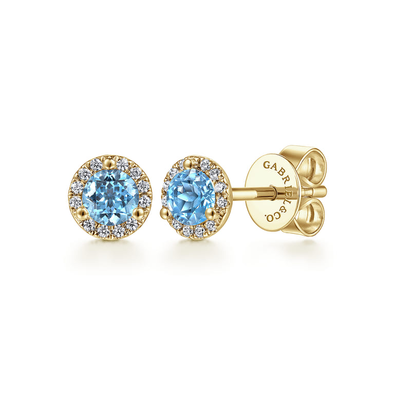 14K Yellow Gold Round Cut Diamond Halo  Swiss Blue Topaz Stud Earrings - 0.09 ct - Shot 1