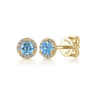 14K Yellow Gold Round Cut Diamond Halo  Swiss Blue Topaz Stud Earrings - 0.09 ct