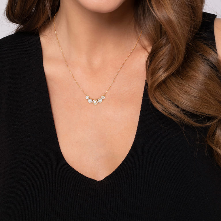14K Yellow Gold Round Diamond Halo Bar Necklace - 0.42 ct - Shot 3
