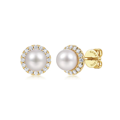 14K Yellow Gold Round Diamond Halo Pearl Stud Earrings