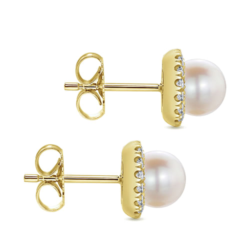 14K Yellow Gold Round Diamond Halo Pearl Stud Earrings - 0.24 ct - Shot 3
