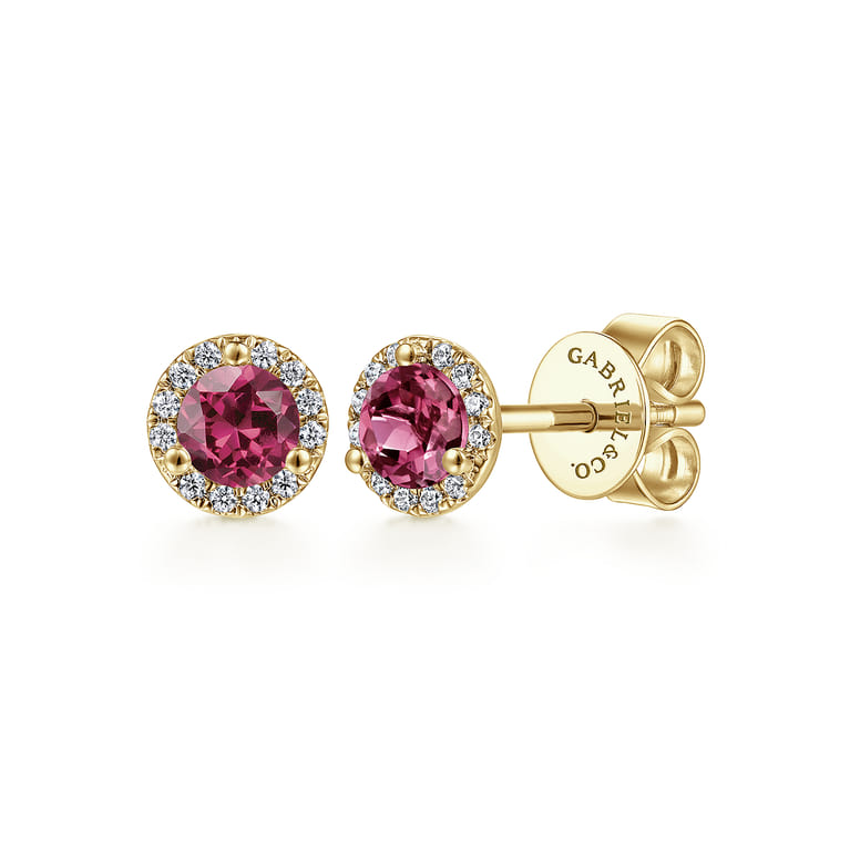 14K Yellow Gold Round Diamond Halo  Pink Tourline Stud Earrings - 0.09 ct - Shot 1