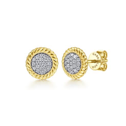 14K Yellow Gold Round Diamond Pave Center Stud Earrings