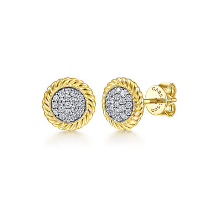 14K Yellow Gold Round Diamond Pave Center Stud Earrings