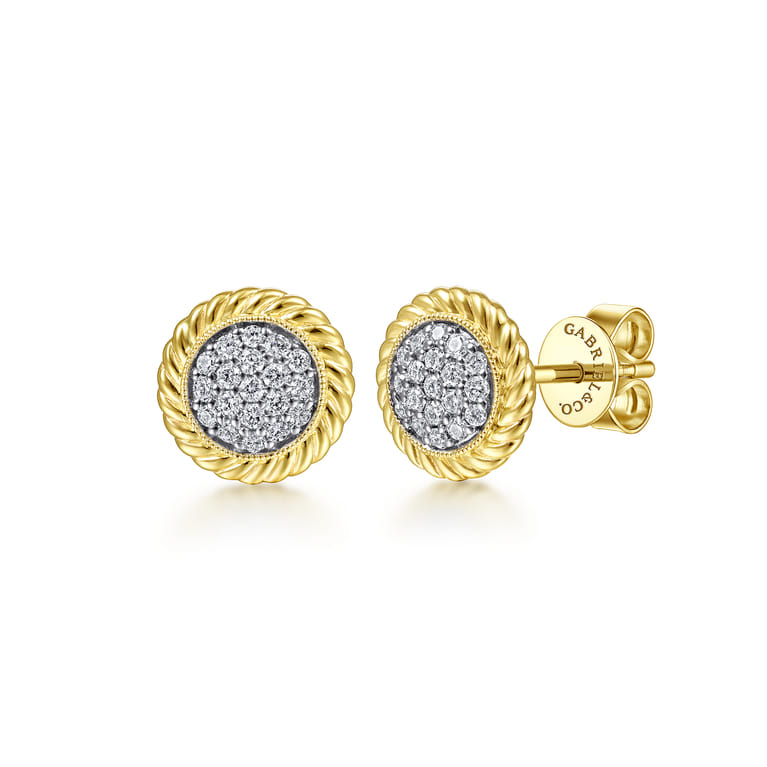 14K Yellow Gold Round Diamond Pave Center Stud Earrings - 0.24 ct - Shot 1