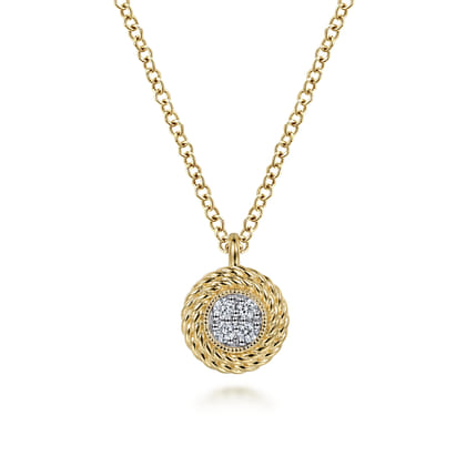 14K Yellow Gold Round Diamond Pave Cluster Pendant Necklace with Twisted Rope Frame