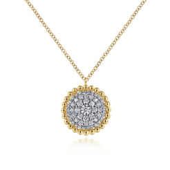 14K Yellow Gold Round Diamond Pavé Pendant Necklace with Bujukan Bead Frame