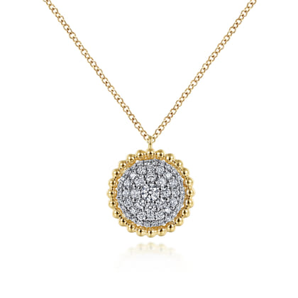14K Yellow Gold Round Diamond Pave Pendant Necklace with Bujukan Bead Frame