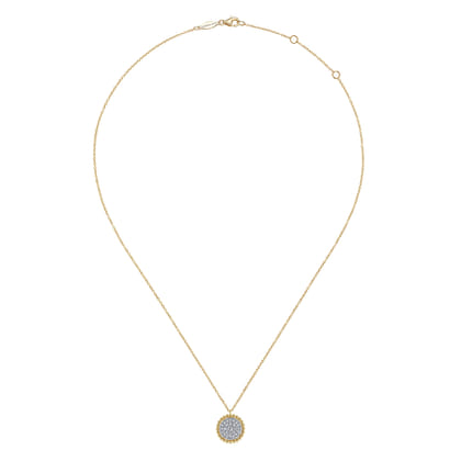 14K Yellow Gold Round Diamond Pave Pendant Necklace with Bujukan Bead Frame