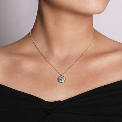 14K Yellow Gold Round Diamond Pave Pendant Necklace with Bujukan Bead Frame