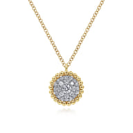 14K Yellow Gold Round Diamond Pave Pendant Necklace with Bujukan Bead Frame