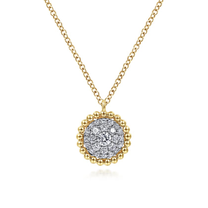 14K Yellow Gold Round Diamond Pave Pendant Necklace with Bujukan Bead Frame