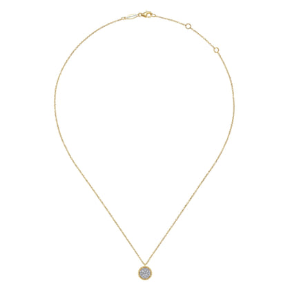 14K Yellow Gold Round Diamond Pave Pendant Necklace with Bujukan Bead Frame