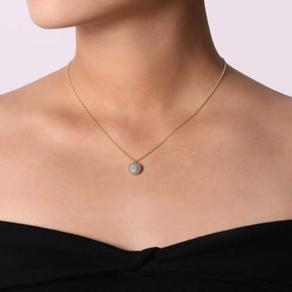 14K Yellow Gold Round Diamond Pave Pendant Necklace with Bujukan Bead Frame