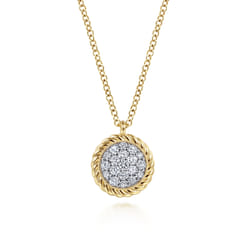 14K Yellow Gold Round Diamond Pave Pendant Necklace with Twisted Rope Frame